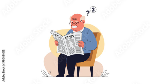 Thoughtful elderly man with glasses sits comfortably in a chair while reading a newspaper and pondering various news items.
