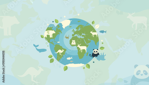 Illustration of Earth with diverse animals and plants, showcasing biodiversity and environmental conservation efforts