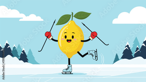 Energetic lemon character is ice skating and skiing in a winter forest scene with mountains and snow-covered evergreen trees.