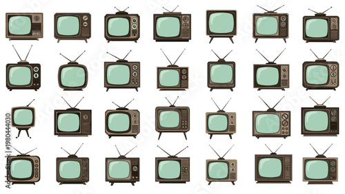 Large grid of twenty-eight different retro television sets displays the evolution of TV design through various eras and styles.