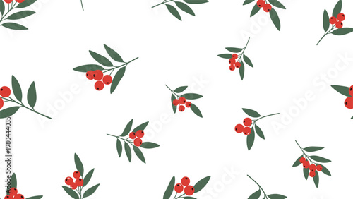 Festive seamless pattern features green leaves and clusters of bright red berries scattered across a clean white background.