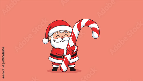 Sweet cartoon Santa Claus is happily hugging a large red and white striped candy cane against a warm peach-colored background.