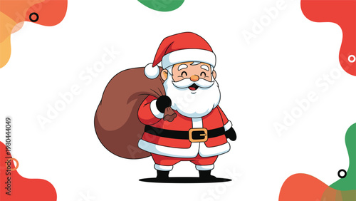 Joyful cartoon Santa Claus is carrying a large brown sack full of Christmas gifts on his back against a festive background.