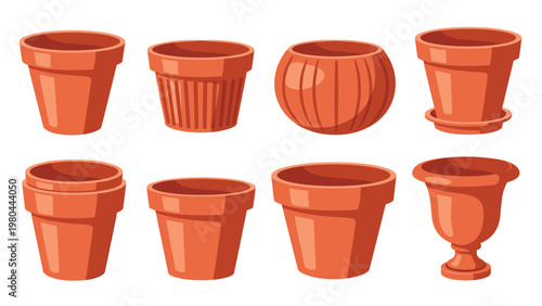 Eight different styles of terracotta plant pots in various shapes and sizes are arranged for gardening and home decor choices.