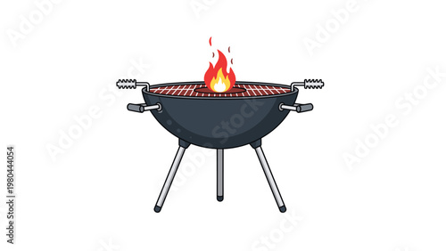 Classic black charcoal kettle grill with bright flames burning inside is ready for an outdoor barbecue and cooking session.