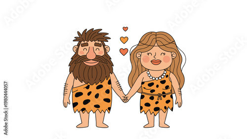 Adorable prehistoric caveman and cavewoman couple holding hands with floating hearts representing love and primitive romance.