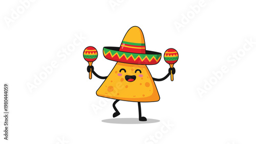Cute cartoon nacho character wearing a traditional Mexican sombrero hat and playing colorful maracas while dancing happily.