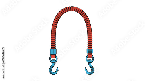 Heavy duty red cargo bungee cord with blue metal hooks designed for securing loads during transportation or storage tasks.