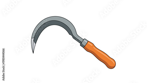 Traditional hand sickle tool with a curved metal blade and a comfortable wooden handle used for harvesting crops in agriculture.
