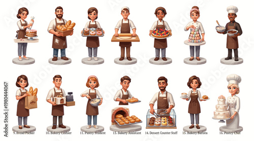 Restaurant staff and bakers collection with waiters, chefs and food service workers holding dishes and bakery products, flat vector characters isolated
