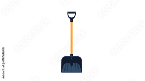 Durable black plastic snow shovel with a sturdy yellow handle and ergonomic grip designed for clearing driveways in winter.