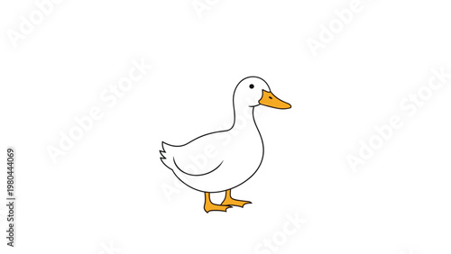 Simple cartoon illustration of a white duck standing peacefully with an orange beak and webbed feet on a plain white background.