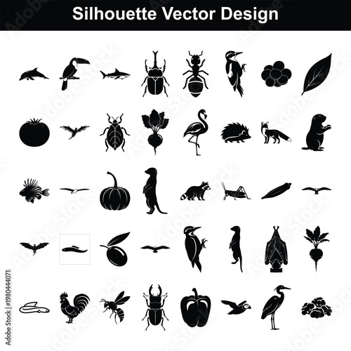 Vector silhouette diverse nature animals and plants collection design