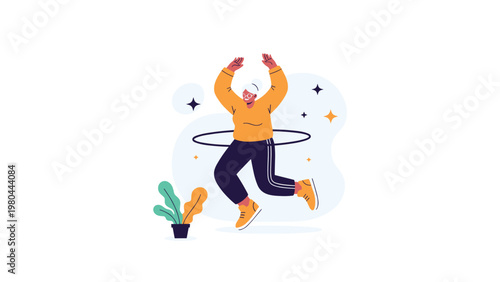 Active senior woman enjoying her fitness routine by exercising with a hula hoop and jumping in a stylish and modern setting.