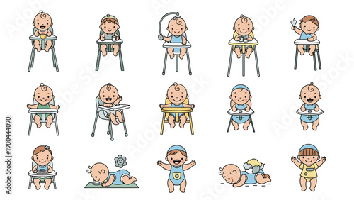 Large set of cute baby illustrations showing various activities such as eating in high chairs, crawling, and playing with toys.