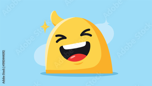 Bright yellow emoji character with a wide joyful laugh and closed eyes expressing extreme happiness and amusement on blue.