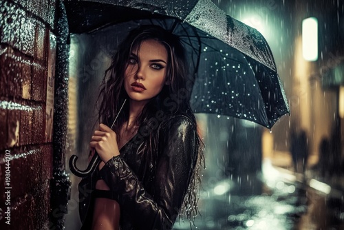 Rainy night fashion photo of woman with umbrella urban street portrait cityscape close-up emotions and style