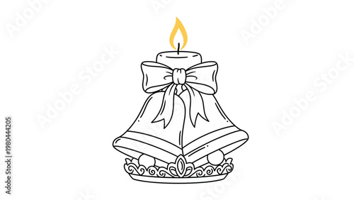 Black and white line art illustration of Christmas bells tied with a ribbon bow and topped with a single burning candle on a crown.