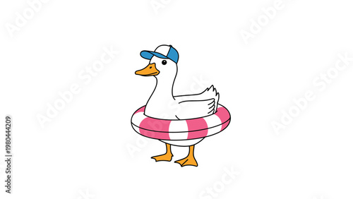 Cute white duck wearing a blue baseball cap and a pink and white striped swim ring standing confidently on a plain white background.