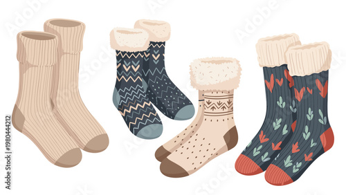 Four pairs of cozy winter socks in various patterns like stripes, hearts, and snowflakes designed for warmth and cold weather comfort.