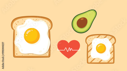 Healthy breakfast illustration featuring fried eggs on toast, a sliced avocado, and a red heart with a pulse line in the middle.