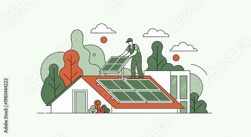 Technician installing solar panels on residential rooftop