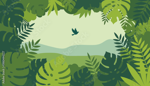 A peaceful bird flies through a vibrant green jungle canopy with distant misty mountains