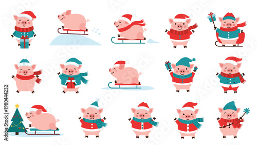 Large set of adorable cartoon pigs engaged in various winter activities like sledding, giving gifts, and wearing cute holiday outfits.