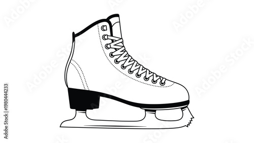 Black and white line drawing of a single figure ice skate with laces and a sharp blade designed for winter sports and ice recreation.