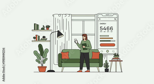 Woman monitoring home energy usage with smart mobile application