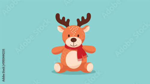 Cute stuffed reindeer toy wearing a red scarf sitting on a solid teal background with a soft shadow underneath for holiday decor.