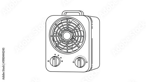 Minimalist line drawing of a portable electric space heater with a front protective grille and two control knobs for home heating.