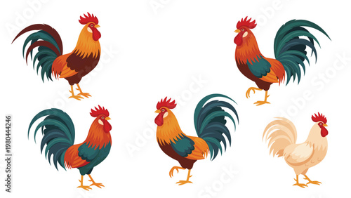 Set of five colorful roosters in different poses including one white hen and four vibrant male birds with red combs and wattles.