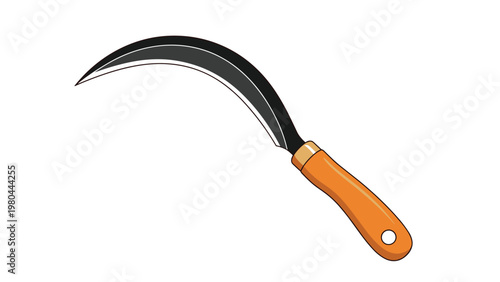 Traditional hand sickle with a curved black blade and a smooth orange wooden handle used for harvesting crops or cutting long grass.