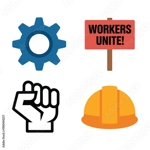 Workers unite sign with gear and hardhat, labor day parade banner, union meeting poster, factory workforce awareness, vector design