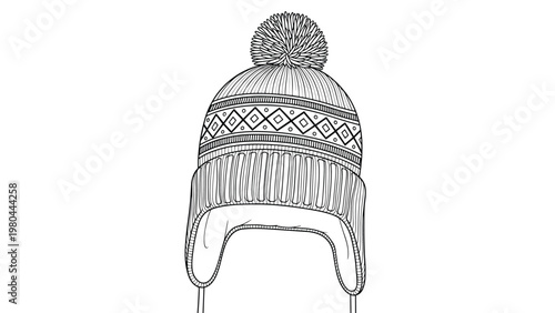 Detailed black and white line art of a knit winter hat with a pom-pom on top and ear flaps featuring various geometric patterns.