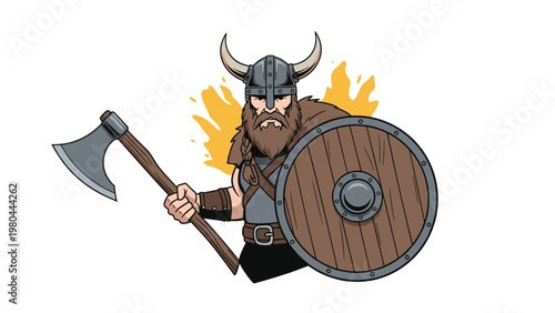 Viking warrior character with a horned helmet, long beard, and fur cloak holding a large battle axe and a sturdy wooden shield.