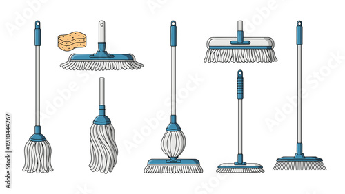 Variety of cleaning mops and a sponge including flat mops, string mops, and a push broom for various household floor cleaning tasks.