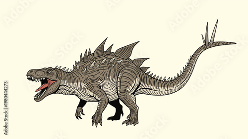 Detailed illustration of a prehistoric dinosaur with spikes along its back and tail and a large head with its mouth wide open wide.