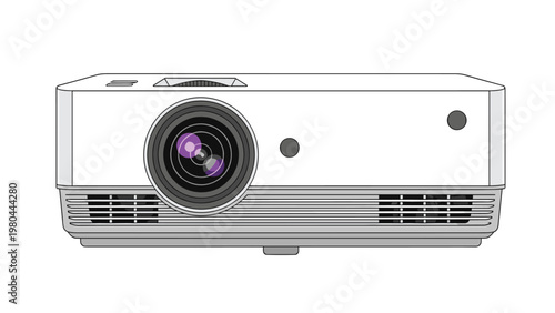 Front view illustration of a modern white digital video projector with a large lens and cooling vents for office or home cinema use.
