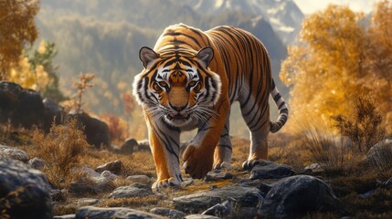 Majestic tiger roaming through autumn forest wildlife photography natural habitat close-up view vibrant colors