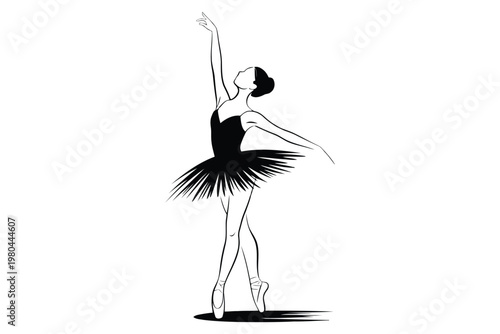 Black and white silhouette of a ballerina in a tutu performing a dance pose ballet