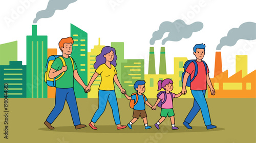 A family walking hand in hand with backpacks on a city background with industrial pollution