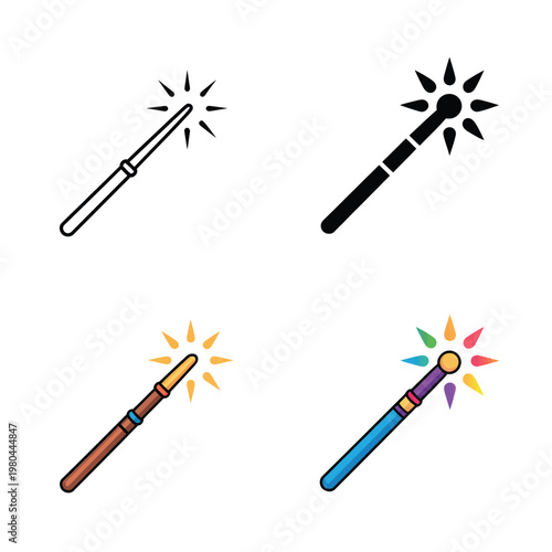 Wizard wand collection, glowing star sparkle, stage illusion show poster, birthday party magician, costume event branding, enchanting vector illustration set