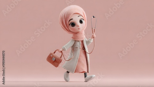 Muslim female doctor in hijab walking while holding stethoscope, cute doll style, stylized proportions, soft lighting, pastel tones, 3D animated look