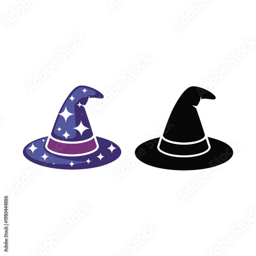 Pointed witch hat set, magical costume icons, halloween parade poster, cosplay festival branding, spellcaster theme, classic vector illustration elements