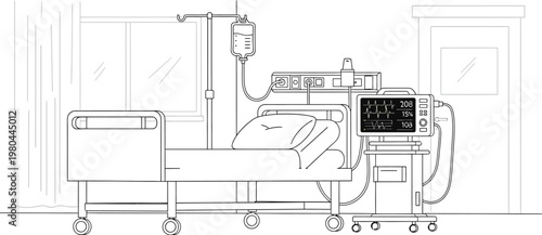 Clean line art illustration of an empty modern hospital room featuring a bed, IV stand, and patient vital signs monitor.