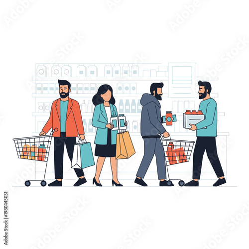 People Shopping with Carts in a Supermarket Vector Illustration