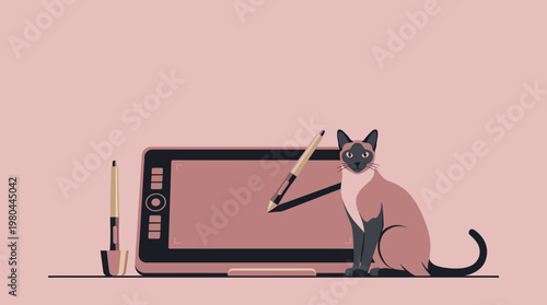 Minimalist illustration of a Siamese cat sitting next to a graphics tablet with a stylus on a pink background.