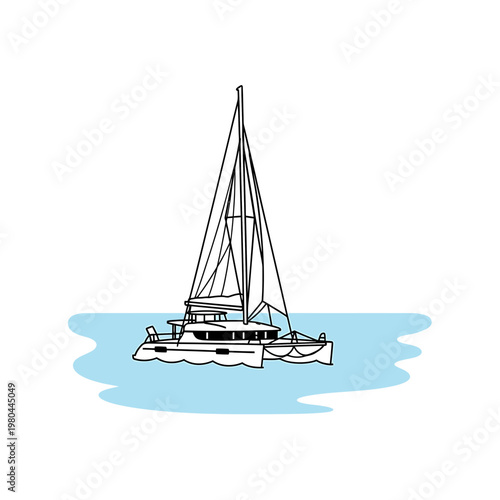 Sailing Catamaran Yacht Vector Illustration on Water